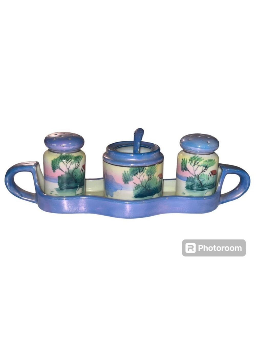 Japan sea blue ceramic tray handles s n p sugar spoon stamped